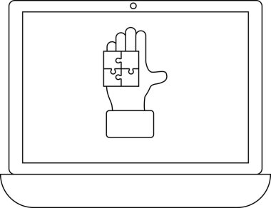 Bir dizüstü bilgisayar ekranında, bir bulmacayı tutan, problem çözmeyi, çözümleri ve stratejik düşünmeyi dijital bağlamda temsil eden bir el görülüyor. Görüntü siyah beyaz..