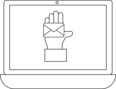 Bir dizüstü bilgisayar ekranında dijital iletişim ve teknolojiyi sembolize eden bir zarf simgesini tutan bir el görüntülenir.