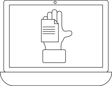 Bir dizüstü bilgisayar ekranı, dijital belgeleri, çevrimiçi gönderileri veya sanal yardımı sembolize eden bir belge simgesini tutan bir eli gösterir.