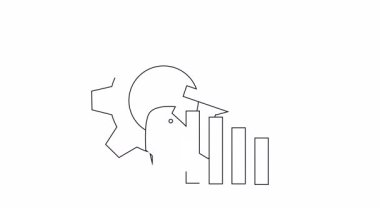 Bir vites, satranç taşı ve aşağı doğru ok ile bir grafik gösteren bir çizim, stratejik iş düşüşünü ve zorlukları sembolize ediyor.
