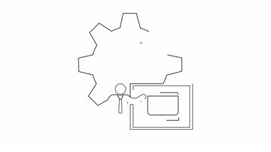 Arkaplanda vites olan bir ekranın yanında duran sunucunun basit bir çizgi çizimi.