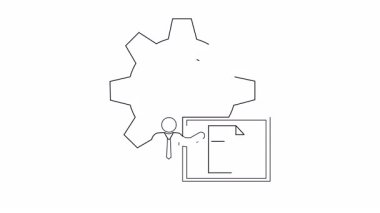 Arkaplanda teçhizatı olan bir belgeyi sunan kişinin basit bir çizgi çizimi, teknik veya iş sunumları için ideal.