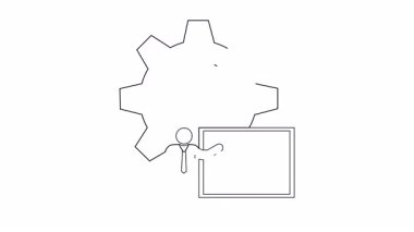 Eğitim ve iş bağlamları için uygun bir teçhizat, sunum ve insan figürü ile teknik eğitimi tasvir eden bir çizgi çizimi.