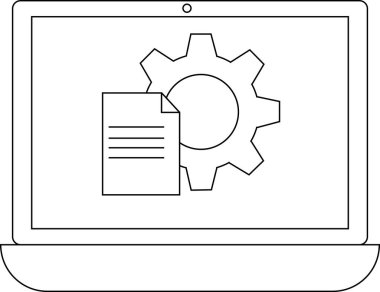 Bir dizüstü bilgisayar ekranı basit bir satır sanatı tarzında bir vites ve belge simgesi, ayarları, yapılandırmayı veya teknik belgeleri sembolize eder.