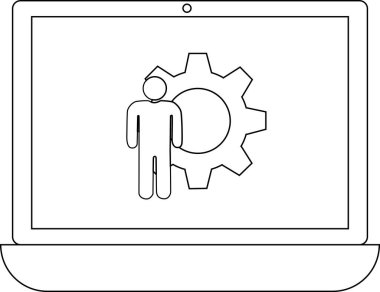 Bir dizüstü bilgisayar ekranında bir insan simgesi bir dişlinin önünde duruyor, teknolojiyi ve insan etkileşimini simgeliyor..