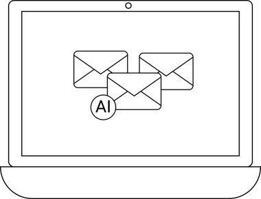 Yapay zeka ile geliştirilmiş e-posta simgelerini gösteren bir dizüstü bilgisayar tasviri, akıllı e-posta yönetimi ve verimli iş akışı için otomatik iletişim çözümlerini sembolize ediyor.