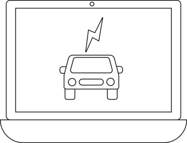 Dizüstü bilgisayarda, üzerinde yıldırım olan elektrikli bir araba var. Teknolojinin ve çevre dostu ulaşım çözümlerinin birleşmesini temsil ediyor..