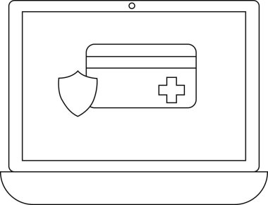 Bilgisayarlı ekranda sağlık sigortası kartı gösteriliyor. Kalkanla korunuyor. Çevrimiçi sağlık ödemeleri ve veri korumasını simgeliyor..