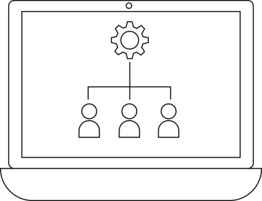Bir dizüstü bilgisayar ekranında takım çalışması, yönetim veya sistem yönetimini temsil eden üç kişi simgesine bağlı bir vites simgesi gösterilir.