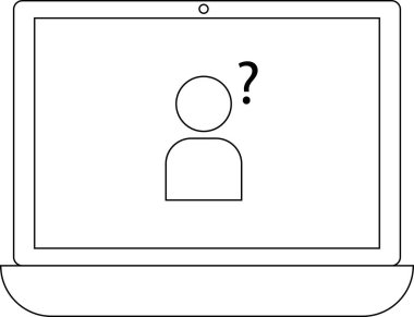Bir dizüstü bilgisayar ekranı üzerinde soru işareti olan basit bir kişi simgesini gösterir, belirsizlik ya da kimlik ya da kullanıcı hakkında bir sorgu önerir.