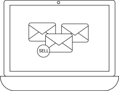 Bir dizüstü bilgisayarda, birinde satış düğmesi olan üç e- posta simgesi gösterilir, bu da e-posta pazarlama veya satış promosyonu önerir.