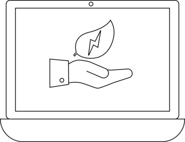 Bir dizüstü bilgisayar ekranında yeşil enerji ve teknolojiyi temsil eden yıldırım sembollü bir yaprağı tutan bir el görülüyor..