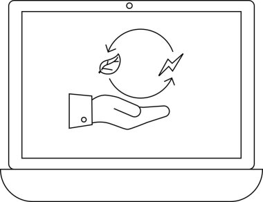 Dizüstü bilgisayar ekranında yenilenebilir enerji döngüsünü temsil eden sürdürülebilirliği ve teknolojiyi sembolize eden bir simgeyi tutan bir el görülüyor..