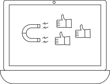 Bir dizüstü bilgisayar ekranı başparmakları yukarı çeken simgeleri, çevrimiçi bağlantıları, sosyal medya pazarlamasını ve olumlu geri bildirim çekme gücünü temsil eden bir mıknatıs gösterir..