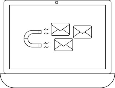 E- posta zarflarını çeken bir mıknatıs gösteren bir dizüstü bilgisayar görüntüsü, lider nesli sembolize eden, e-posta pazarlaması veya dijital sektörde müşteri edinme stratejileri.