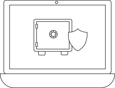Bilgisayarda dijital güvenlik ve veri korumasını sembolize eden, güvenli ve kalkan gösteren bir dizüstü bilgisayarın çizgi çizimi..