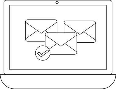 İşaretli e- posta simgelerini gösteren bir dizüstü bilgisayar, e-posta doğrulamasını ya da başarılı teslimatı simgeliyor, temiz, minimalist bir şekilde.