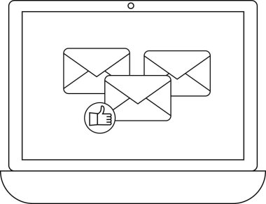 Bir dizüstü bilgisayar ekranı, e-posta içeriği için olumlu geri bildirim veya onay öneren, bir başparmak işareti içeren e- posta simgelerini gösterir.