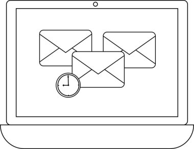 E- posta simgelerini ve saati gösteren bir dizüstü bilgisayar, zaman yönetimi ve e- posta zamanlamasını simgeliyor.