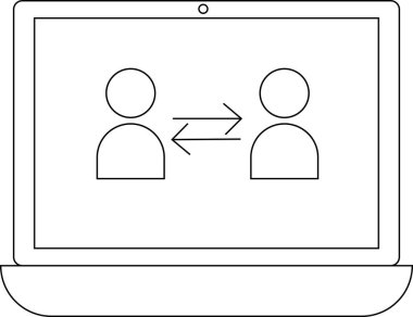 Bir dizüstü bilgisayar ekranında, dijital ortamda çevrimiçi iletişim, işbirliği ve veri transferini temsil eden bilgi alışverişini gösteren bir ok ile iki basit figür görüntülenir..