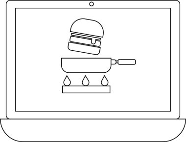 Bir dizüstü bilgisayarda, yemek pişirme dersleri ve dijital tarifleri sembolize eden, fırının üstünde tavanın üstünde bir hamburger ile yemek pişirme dersi veriliyor..