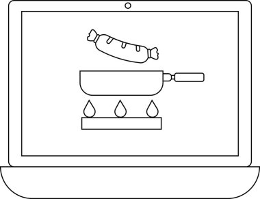 Bir dizüstü bilgisayarda, yemek pişirme dersleri ve dijital tarifleri gösteren, tencerenin üstünde sosis olan bir yemek pişirme dersi gösterilir..