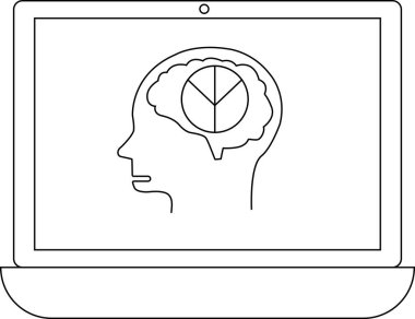 Bir dizüstü bilgisayar ekranı, dijital bağlamda veri analizini, bilişsel süreçleri veya karar verme mekanizmasını temsil eden bir pasta grafiği içeren bir beyni gösterir..