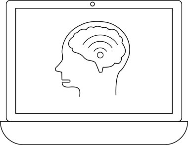 Bir dizüstü bilgisayar ekranında internetteki öğrenmeyi, bağlantıyı ve teknolojinin insan zekasıyla bütünleşmesini sembolize eden bir wifi sembolü olan bir beyin görülüyor..