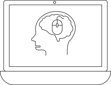 Bilgisayar faresi içeren bir beyin profilini gösteren bir dizüstü bilgisayar ekranı, düşünce süreçleri üzerindeki teknolojileri sembolize ediyor..
