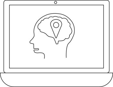 Bilgisayar ekranında içinde konum kodu olan bir beyin çizgisi var. Dijital bağlamda zihinsel odak, hafıza ya da bilişsel haritalama sunuyor..