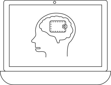 Bir dizüstü bilgisayar ekranında içinde cüzdan olan bir beyin taslağı var. Finansal düşünce, para yönetimi veya ekonomik stratejiyi temsil ediyor. Resim basit bir çizgi çizimi..