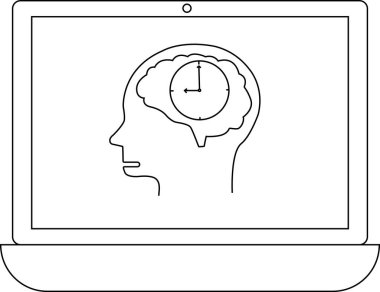 Bir dizüstü bilgisayar ekranında içinde saat olan bir beyin, zaman yönetimini, verimliliği veya zaman kavramını sembolize ediyor..