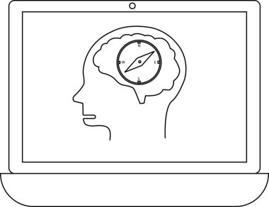 Bir dizüstü bilgisayar ekranı içinde pusula olan bir beyin çizgisi gösterir. Dijital bağlamda rehberlik, navigasyon ve zihinsel yönü temsil eder..