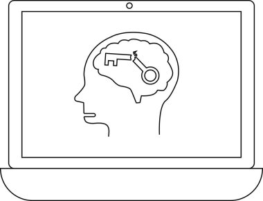 Bir dizüstü bilgisayar ekranında içinde anahtar olan bir beyin var. Potansiyeli ortaya çıkarmayı, problem çözmeyi ya da teknolojiyle bilgiye erişmeyi sembolize ediyor..