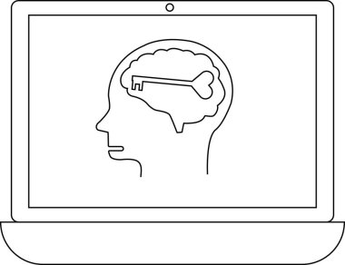 Bir dizüstü bilgisayar ekranında içinde anahtar olan bir beyin çizgisi gösterilir, teknoloji ve öğrenme yoluyla potansiyel, bilgi veya çözümleri sembolize eder..