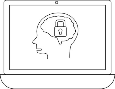 Bir dizüstü bilgisayar ekranında içinde asma kilit olan bir beyin, zihinsel güvenliği, veri korumasını ve dijital çağda mahremiyetin önemini simgeliyor..