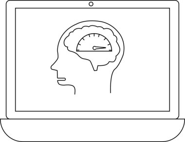 Bir dizüstü bilgisayar ekranında içinde hız göstergesi olan, zihinsel hızı, bilişsel işlevi veya performans ölçümünü sembolize eden bir beyin çizgisi gösterilir..