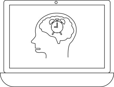 Bir dizüstü bilgisayar ekranında içinde alarm olan bir beyin çizgisi var. Zaman yönetimi, teslim tarihleri ya da zaman hakkında düşünme kavramını simgeliyor..