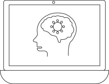 Dizüstü bilgisayar ekranında içinde virüs olan bir beyin görülüyor. Salgının akıl sağlığı ve refah üzerindeki etkisini simgeliyor..