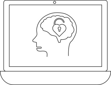 Bir dizüstü bilgisayar, içinde beyin olan bir kafa silueti gösteriyor. Kalp şeklinde bir asma kilit ile korunuyor. Zihinsel güvenliği ve düşüncelerin korunmasını simgeliyor..
