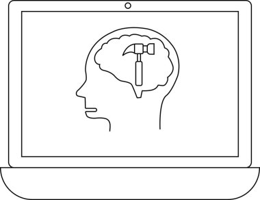 Bir dizüstü bilgisayar ekranı, içinde çekiç olan, problem çözmeyi ya da fikir üretmeyi sembolize eden bir kafa hatlarını gösterir..