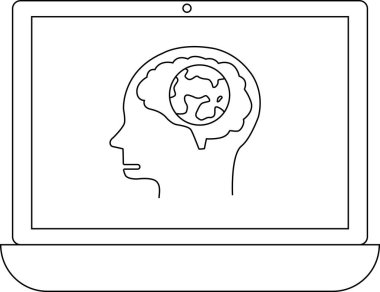 Bir dizüstü bilgisayar ekranı, küresel düşünce ve teknolojiyi sembolize eden, dünya küresi içeren bir kafa profili gösteriyor..