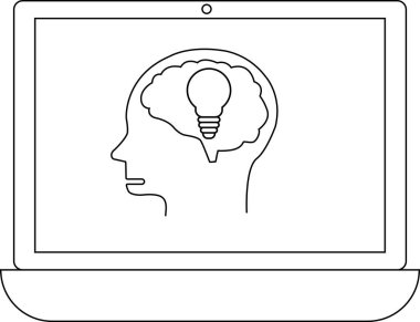 Bir dizüstü bilgisayar ekranında, içinde bir ampul bulunan ve fikirleri ve teknolojiyi sembolize eden bir beyin ana hatları gösteriliyor..