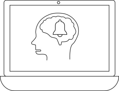 Laptop ekranında içinde çan simgesi olan bir beyin görülüyor, hatırlatıcıları, hafızayı ya da uyarıları simgeliyor. Dijital hatırlatıcılar için kavram.