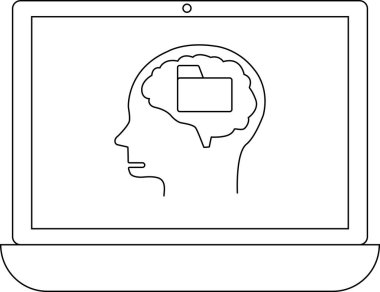Bir dizüstü bilgisayar ekranında veri depolama, bellek ve bilgi yönetimini dijital bağlamda temsil eden içinde bir dizin bulunan bir beyin gösterilir..