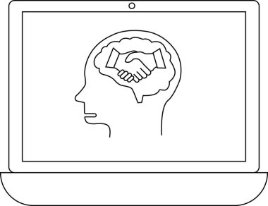 Bir dizüstü bilgisayar ekranında içinde el sıkışma, anlaşma, işbirliği veya dijital bağlamda ortaklığı sembolize eden bir insan kafası ana hatları gösteriliyor..