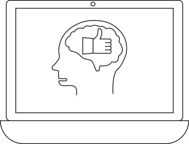 Bir dizüstü bilgisayar ekranı içinde beyin olan bir siluet gösteriyor, olumlu geri bildirim ve onayı temsil eden bir işaret içeriyor..
