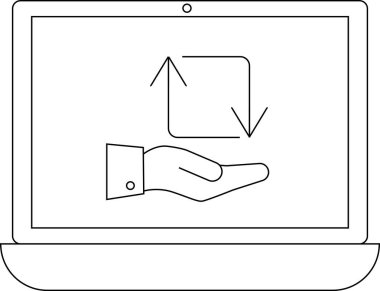 Bir dizüstü bilgisayar ekranında, oklarla ve bir kareyle temsil edilen minimalist bir sanat tarzında veri alışverişi sunan bir el yazısı gösteriliyor..
