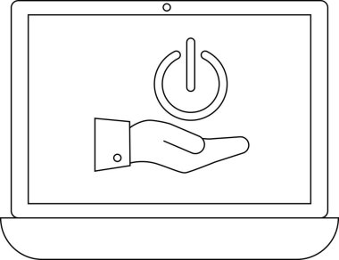 Bir dizüstü bilgisayar ekranında, dijital formatta teknoloji ve kontrolü temsil eden bir güç sembolü tutan bir el görüntülenir..
