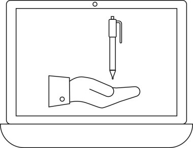 Bir dizüstü bilgisayar ekranında dijital imzaları, çevrimiçi sözleşmeleri veya dijital bir cihazda yaratıcı yazıları sembolize eden bir kalem sunan bir el gösterilir..